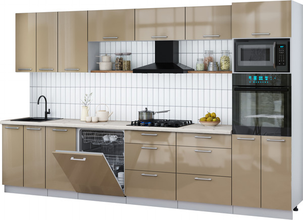 Изображение товара Кухонный гарнитур Интерлиния Мила Gloss 3.4-ПМ1-2 (капучино глянец/капучино глянец/бискайская сосна)