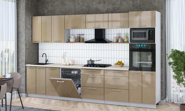 Изображение товара Кухонный гарнитур Интерлиния Мила Gloss 3.4-ПМ1-2 (капучино глянец/капучино глянец/бискайская сосна)