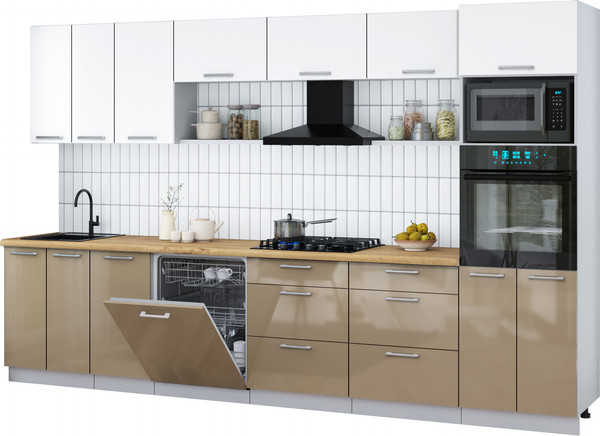 Изображение товара Кухонный гарнитур Интерлиния Мила Gloss 3.4-ПМ1-2 (капучино глянец/белый/дуб бунратти)