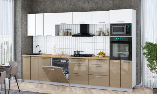 Изображение товара Кухонный гарнитур Интерлиния Мила Gloss 3.4-ПМ1-2 (капучино глянец/белый/дуб бунратти)