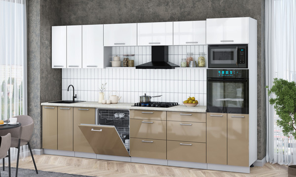 Изображение товара Кухонный гарнитур Интерлиния Мила Gloss 3.4-ПМ1-2 (капучино глянец/белый глянец/опал светлый)