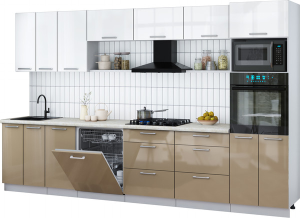 Изображение товара Кухонный гарнитур Интерлиния Мила Gloss 3.4-ПМ1-2 (капучино глянец/белый глянец/опал светлый)