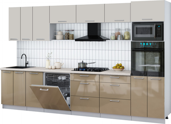 Изображение товара Кухонный гарнитур Интерлиния Мила Gloss 3.4-ПМ1-2 (капучино глянец/кашемир/травертин серый)