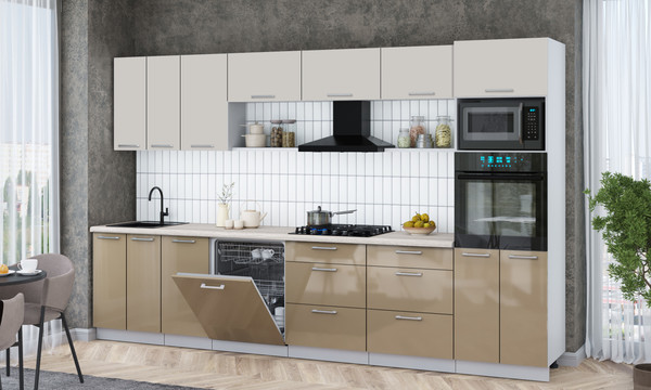 Изображение товара Кухонный гарнитур Интерлиния Мила Gloss 3.4-ПМ1-2 (капучино глянец/кашемир/травертин серый)