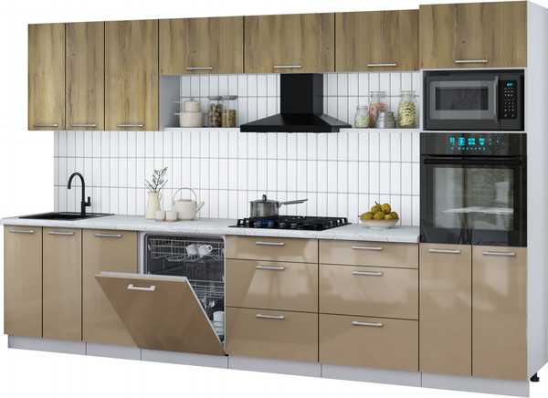 Изображение товара Кухонный гарнитур Интерлиния Мила Gloss 3.4-ПМ1-2 (капучино глянец/дуб вотан/серый каспий)