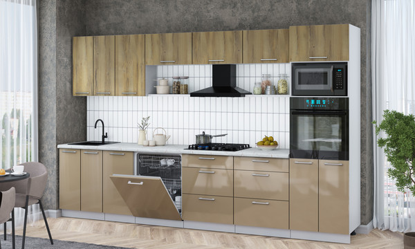 Изображение товара Кухонный гарнитур Интерлиния Мила Gloss 3.4-ПМ1-2 (капучино глянец/дуб вотан/серый каспий)