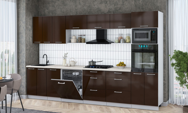 Изображение товара Кухонный гарнитур Интерлиния Мила Gloss 3.4-ПМ1-2 (шоколад глянец/шоколад глянец/бискайская сосна)