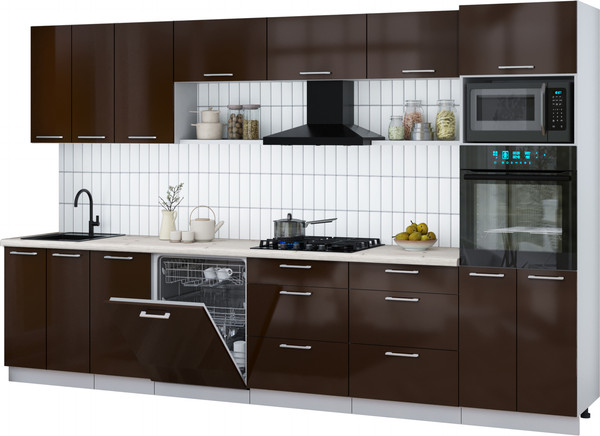Изображение товара Кухонный гарнитур Интерлиния Мила Gloss 3.4-ПМ1-2 (шоколад глянец/шоколад глянец/бискайская сосна)