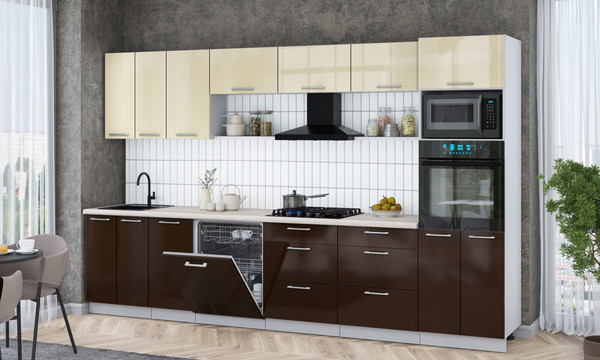 Изображение товара Кухонный гарнитур Интерлиния Мила Gloss 3.4-ПМ1-2 (шоколад глянец/ваниль глянец/травертин серый)