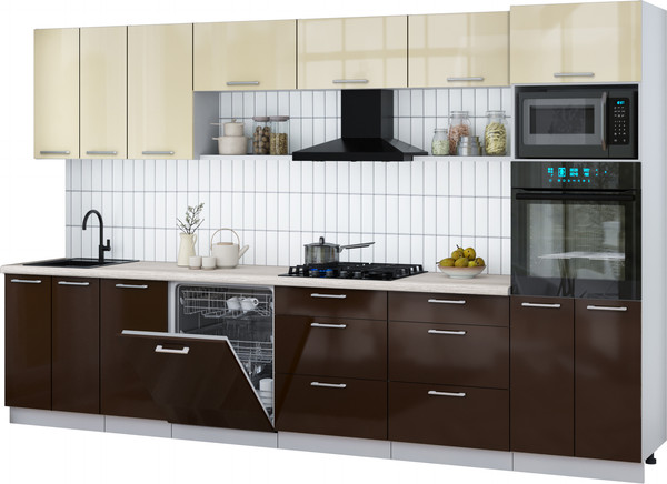 Изображение товара Кухонный гарнитур Интерлиния Мила Gloss 3.4-ПМ1-2 (шоколад глянец/ваниль глянец/травертин серый)