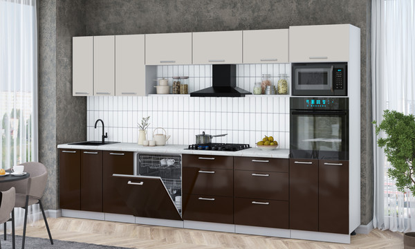 Изображение товара Кухонный гарнитур Интерлиния Мила Gloss 3.4-ПМ1-2 (шоколад глянец/кашемир/серый каспий)