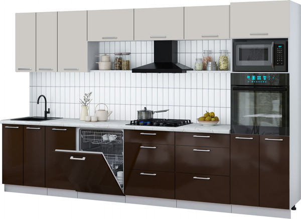 Изображение товара Кухонный гарнитур Интерлиния Мила Gloss 3.4-ПМ1-2 (шоколад глянец/кашемир/серый каспий)