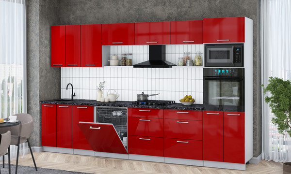 Изображение товара Кухонный гарнитур Интерлиния Мила Gloss 3.4-ПМ1-2 (красный глянец/красный глянец/кастилло темный)