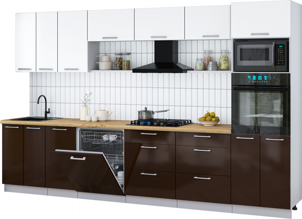 Изображение товара Кухонный гарнитур Интерлиния Мила Gloss 3.4-ПМ1-2 (шоколад глянец/белый/дуб бунратти)