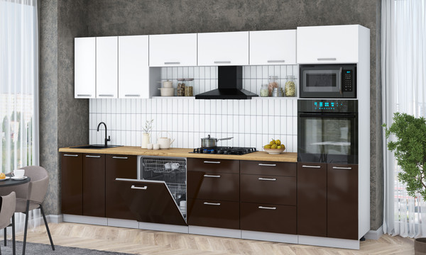 Изображение товара Кухонный гарнитур Интерлиния Мила Gloss 3.4-ПМ1-2 (шоколад глянец/белый/дуб бунратти)