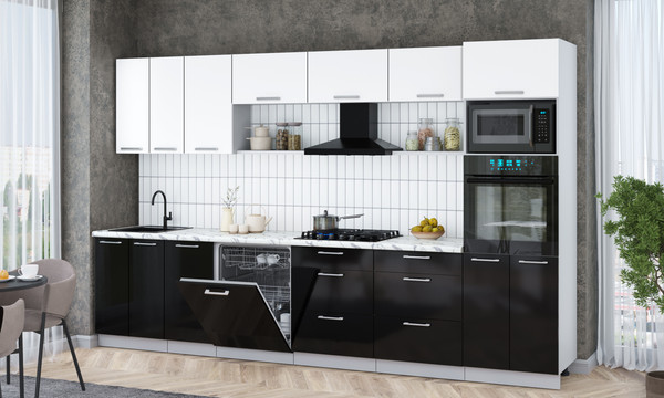 Изображение товара Кухонный гарнитур Интерлиния Мила Gloss 3.4-ПМ1-2 (черный глянец/белый/белый гранит)