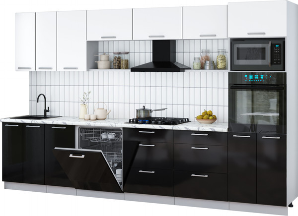 Изображение товара Кухонный гарнитур Интерлиния Мила Gloss 3.4-ПМ1-2 (черный глянец/белый/белый гранит)