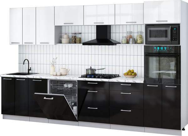 Изображение товара Кухонный гарнитур Интерлиния Мила Gloss 3.4-ПМ1-2 (черный глянец/белый глянец/белый гранит)