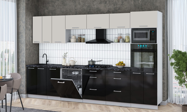 Изображение товара Кухонный гарнитур Интерлиния Мила Gloss 3.4-ПМ1-2 (черный глянец/кашемир/кастилло темный)