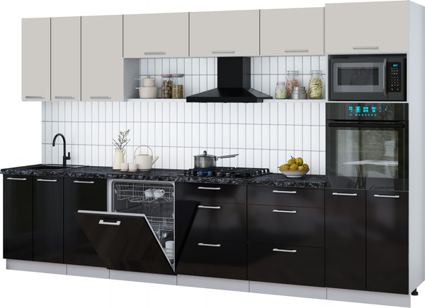 Изображение товара Кухонный гарнитур Интерлиния Мила Gloss 3.4-ПМ1-2 (черный глянец/кашемир/кастилло темный)