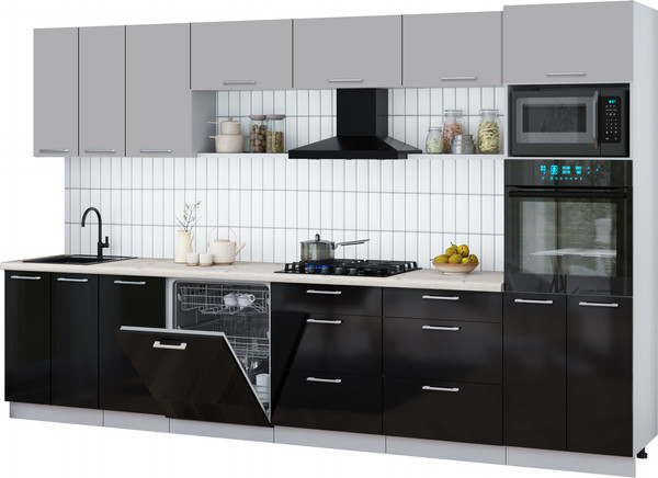 Изображение товара Кухонный гарнитур Интерлиния Мила Gloss 3.4-ПМ1-2 (черный глянец/грей/бискайская сосна)