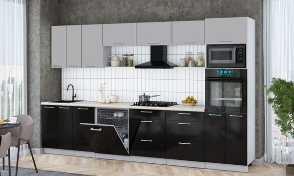 Изображение товара Кухонный гарнитур Интерлиния Мила Gloss 3.4-ПМ1-2 (черный глянец/грей/бискайская сосна)