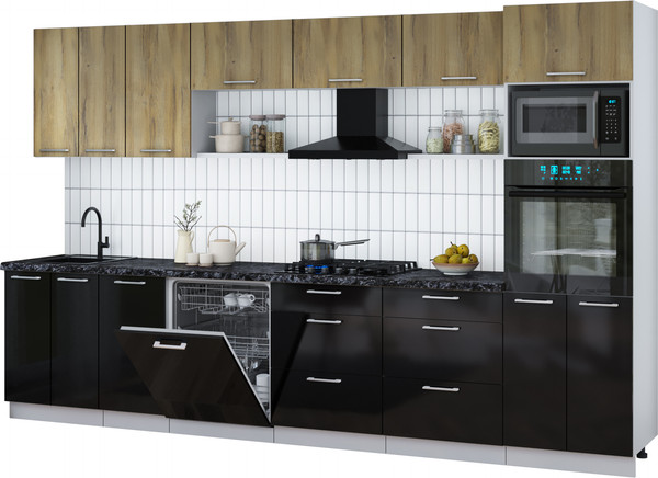 Изображение товара Кухонный гарнитур Интерлиния Мила Gloss 3.4-ПМ1-2 (черный глянец/дуб вотан/кастилло темный)