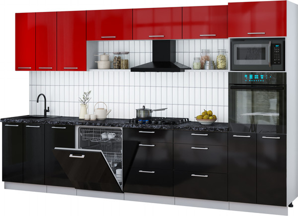 Изображение товара Кухонный гарнитур Интерлиния Мила Gloss 3.4-ПМ1-2 (черный глянец/красный глянец/кастилло темный)