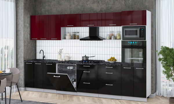 Изображение товара Кухонный гарнитур Интерлиния Мила Gloss 3.4-ПМ1-2 (черный глянец/бордовый глянец/кастилло темный)
