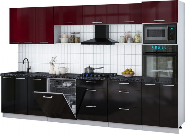 Изображение товара Кухонный гарнитур Интерлиния Мила Gloss 3.4-ПМ1-2 (черный глянец/бордовый глянец/кастилло темный)