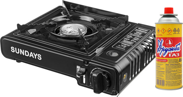 Изображение товара Плита туристическая Sundays ZD6800(CE)-D (черный, с газовым баллоном Дружба ДР-520)