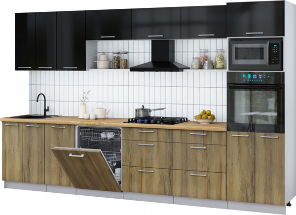 Изображение товара Кухонный гарнитур Интерлиния Мила Gloss 3.4-ПМ1-2 (дуб вотан/черный глянец/дуб бунратти)