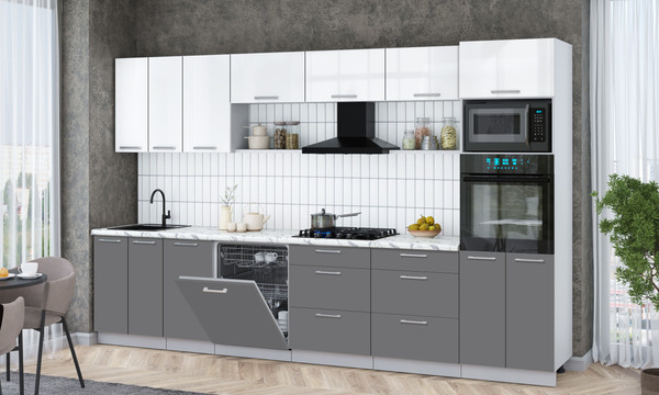 Изображение товара Кухонный гарнитур Интерлиния Мила Gloss 3.4-ПМ1-2 (серый/белый глянец/белый гранит)