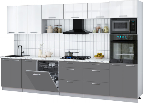 Изображение товара Кухонный гарнитур Интерлиния Мила Gloss 3.4-ПМ1-2 (серый/белый глянец/белый гранит)