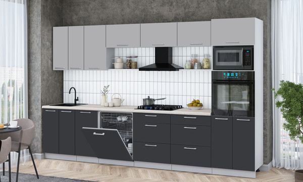 Изображение товара Кухонный гарнитур Интерлиния Мила Gloss 3.4-ПМ1-2 (пепел/грей/травертин серый)