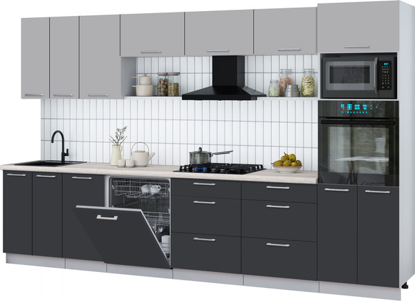 Изображение товара Кухонный гарнитур Интерлиния Мила Gloss 3.4-ПМ1-2 (пепел/грей/травертин серый)