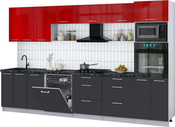 Изображение товара Кухонный гарнитур Интерлиния Мила Gloss 3.4-ПМ1-2 (пепел/красный глянец/кастилло темный)
