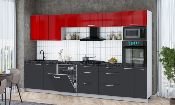 Изображение товара Кухонный гарнитур Интерлиния Мила Gloss 3.4-ПМ1-2 (пепел/красный глянец/кастилло темный)