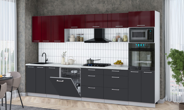 Изображение товара Кухонный гарнитур Интерлиния Мила Gloss 3.4-ПМ1-2 (пепел/бордовый глянец/серый каспий)