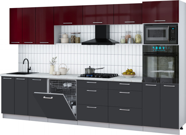 Изображение товара Кухонный гарнитур Интерлиния Мила Gloss 3.4-ПМ1-2 (пепел/бордовый глянец/серый каспий)