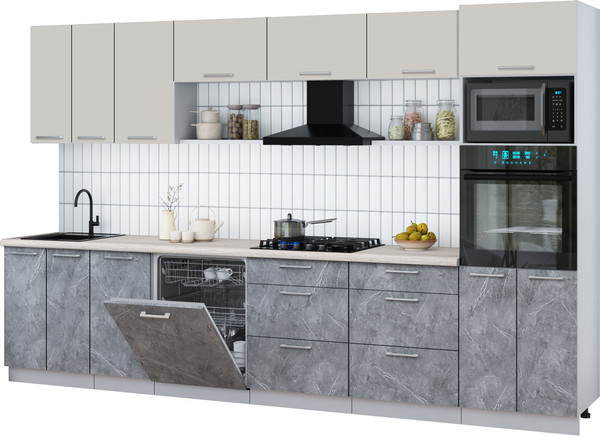 Изображение товара Кухонный гарнитур Интерлиния Мила Gloss 3.4-ПМ1-2 (керамика/кашемир/травертин серый)