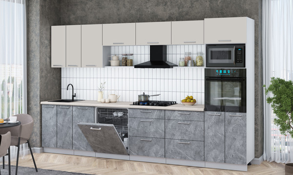 Изображение товара Кухонный гарнитур Интерлиния Мила Gloss 3.4-ПМ1-2 (керамика/кашемир/травертин серый)