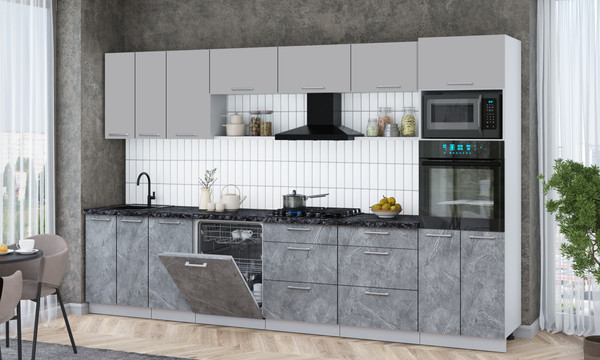 Изображение товара Кухонный гарнитур Интерлиния Мила Gloss 3.4-ПМ1-2 (керамика/грей/кастилло темный)