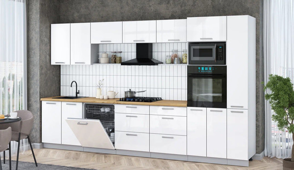 Изображение товара Кухонный гарнитур Интерлиния Мила Gloss 3.5-ПМ1 (белый глянец/белый глянец/дуб бунратти)