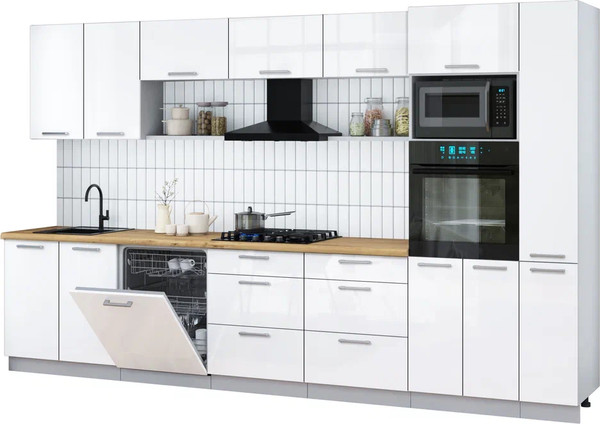 Изображение товара Кухонный гарнитур Интерлиния Мила Gloss 3.5-ПМ1 (белый глянец/белый глянец/дуб бунратти)