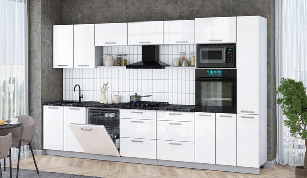 Изображение товара Кухонный гарнитур Интерлиния Мила Gloss 3.5-ПМ1 (белый глянец/белый глянец/кастилло темный)