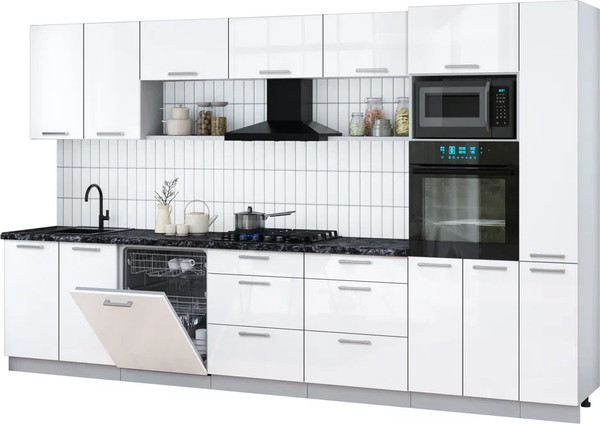 Изображение товара Кухонный гарнитур Интерлиния Мила Gloss 3.5-ПМ1 (белый глянец/белый глянец/кастилло темный)