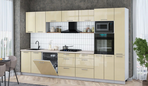 Изображение товара Кухонный гарнитур Интерлиния Мила Gloss 3.5-ПМ1 (ваниль глянец/ваниль глянец/травертин серый)