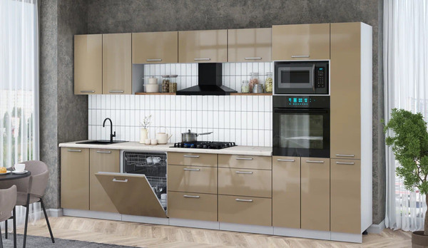 Изображение товара Кухонный гарнитур Интерлиния Мила Gloss 3.5-ПМ1 (капучино глянец/капучино глянец/бискайская сосна)