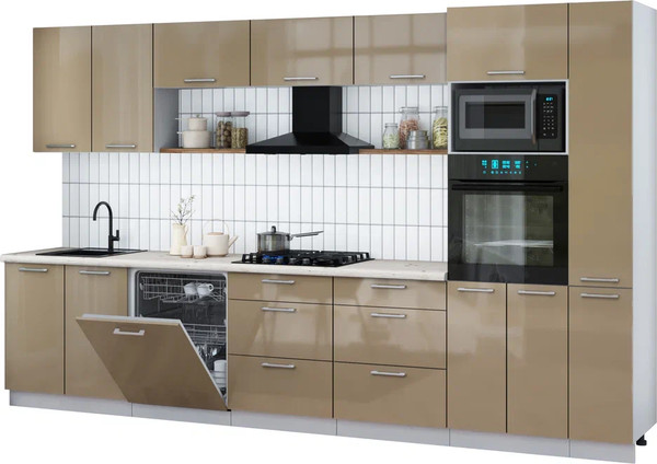 Изображение товара Кухонный гарнитур Интерлиния Мила Gloss 3.5-ПМ1 (капучино глянец/капучино глянец/бискайская сосна)